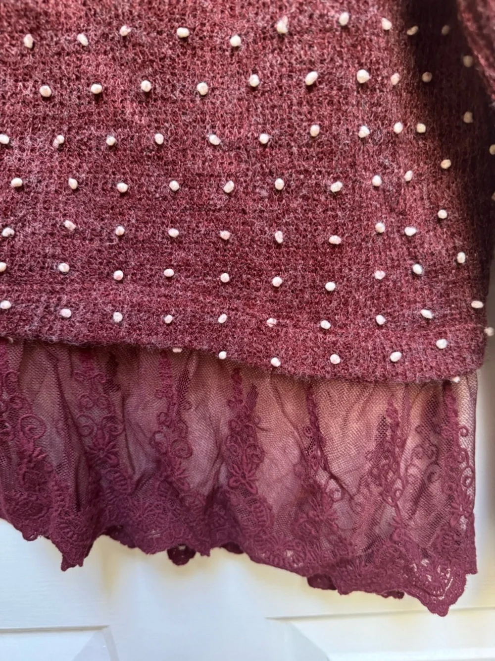 Altar'd State Lace Hem Polka Dot Embellished L/Sleeve Burgundy Red Sweater Large